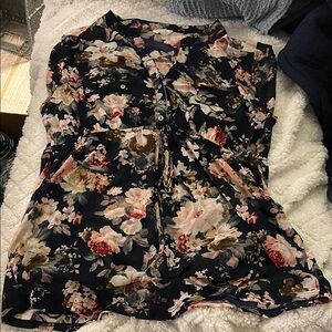 Siren Lily~Floral Women's Top - Navy and Pink~ Stretch and see through